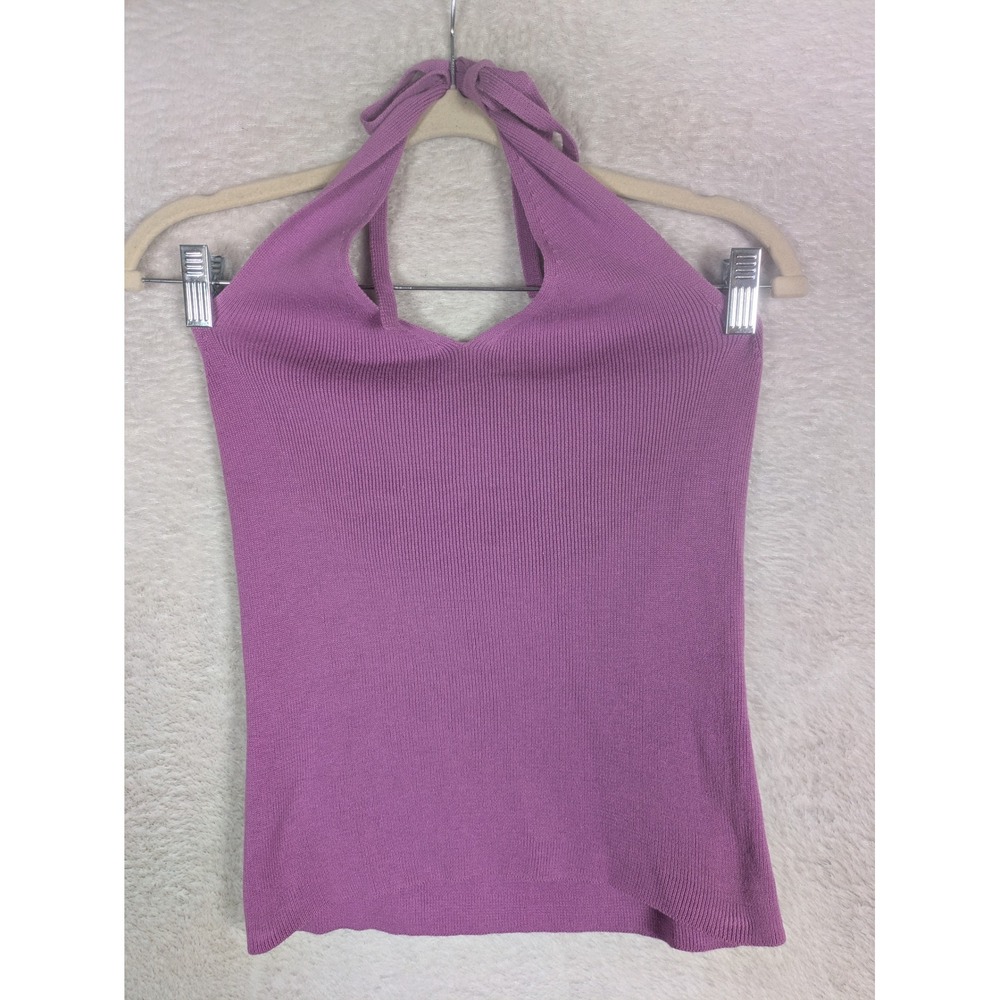 Gap Halter Top Women's M Purple Ribbed Knit Tie Neck Sleeveless Cotton V-Neck